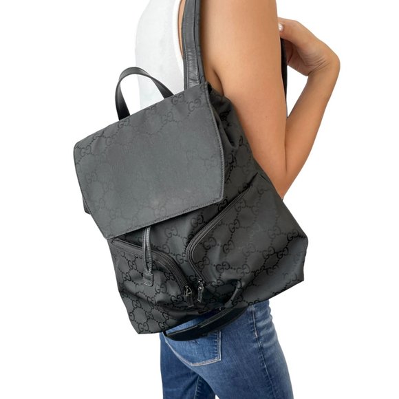 GUCCI Vintage GG Monogram Backpack Logo Black Silver Nylon Rank AB [102460] - Picture 1 of 12
